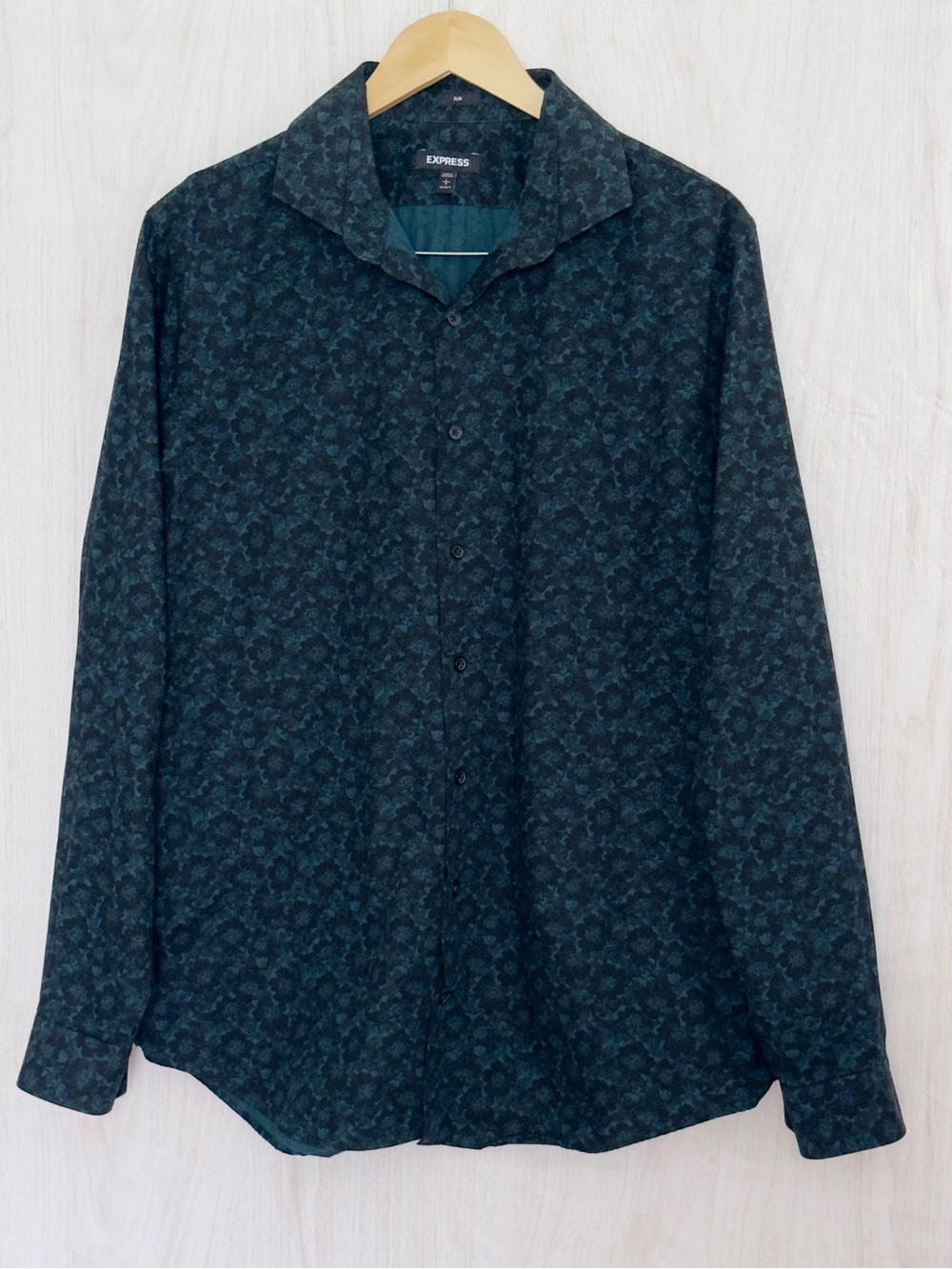 Express Men's Teal Patterned Long-Sleeve Dress Shirt size L
